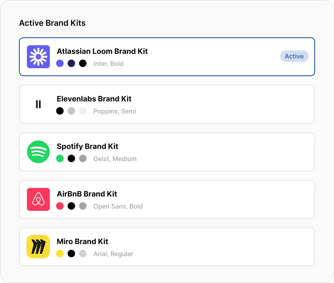 Brand kit switcher showing active client brand kits with colors, fonts, and tone settings