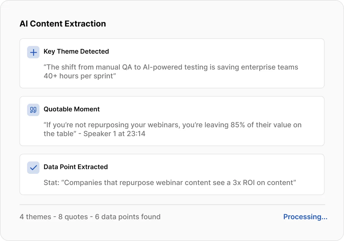 Content extraction showing key themes, quotable moments, and data points pulled from a recording